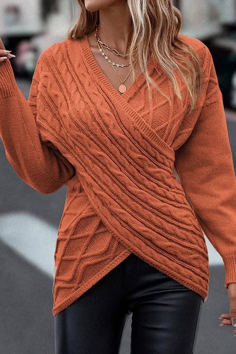 CWOSWL6535_SOLID COLOR V-NECK CROSS JACQUARD CASUAL SWEATER