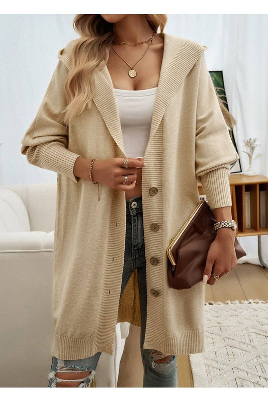 CWOCAL0873_Button Up Hooded Knit Sweater Long Cardigan