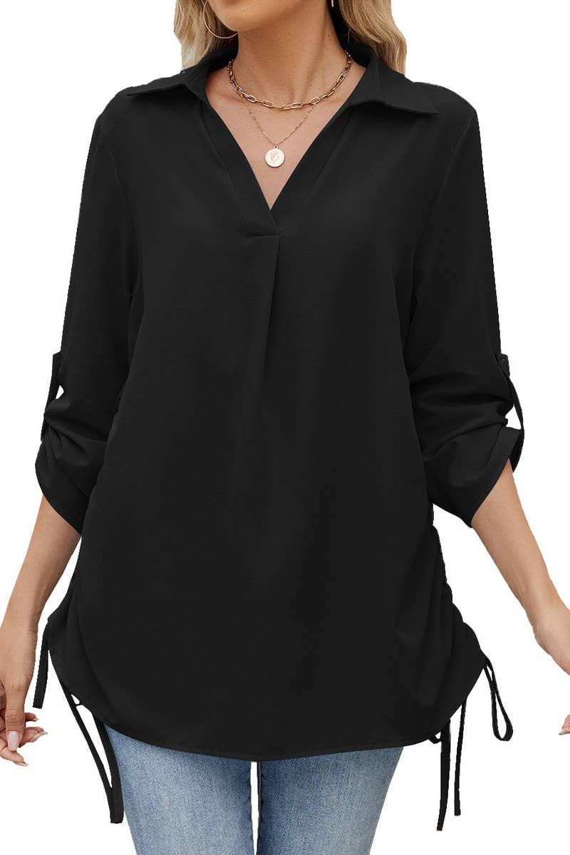 CWTBLL4020_SOLID COLLARED RUCHED 3/4 SLEEVE SHIRT DRESS TOP