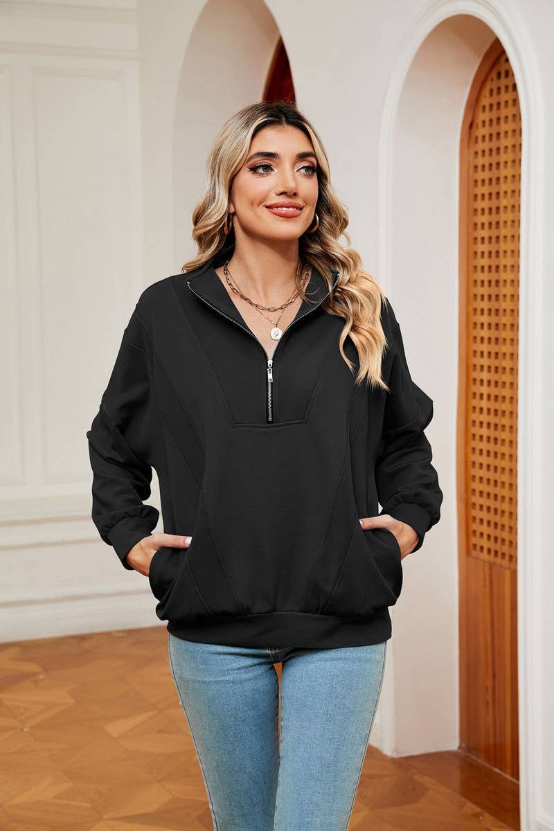 CWTBLL2399_ZIPPERED STAND COLLAR POCKET CASUAL SWEATSHIRT