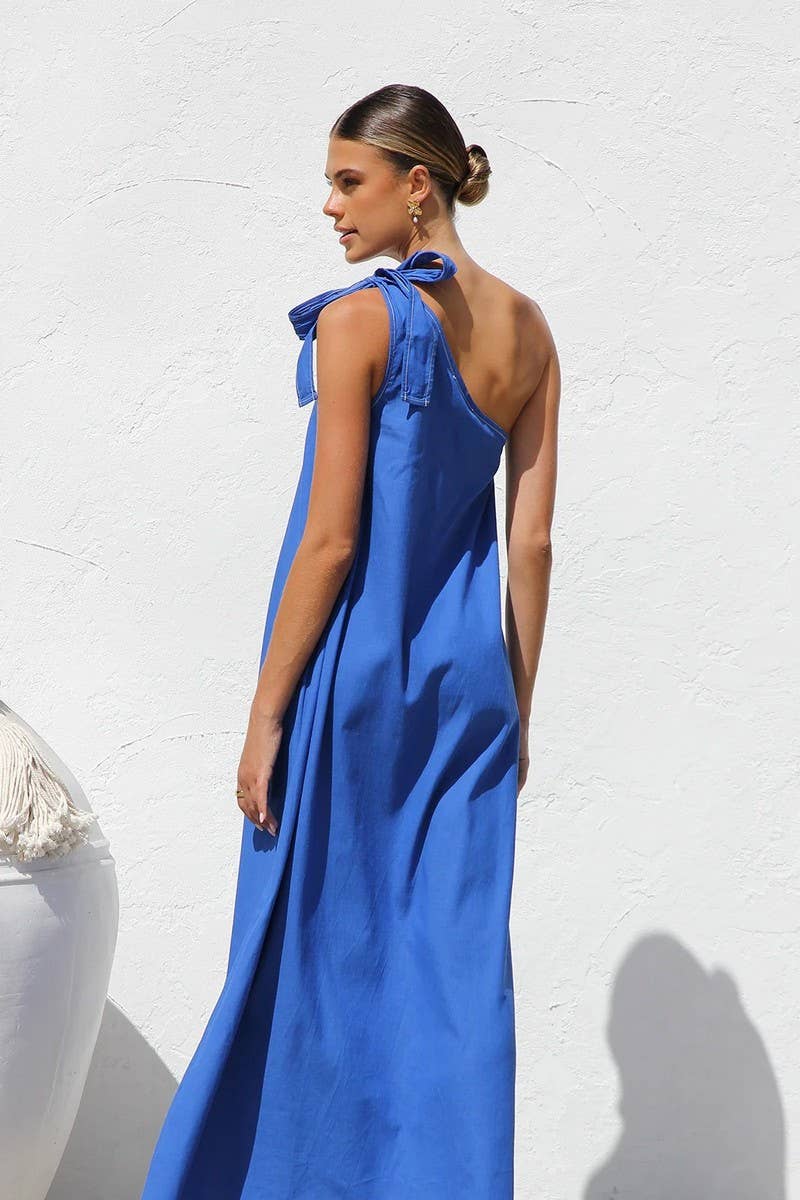 CWDMD5990_SUMMER OFF-SHOULDER TIE SOLID COLOR A-LINE DRESS