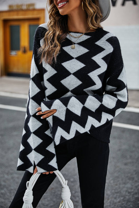 DIAMOND CHECK PATCHWORK KNIT SWEATER