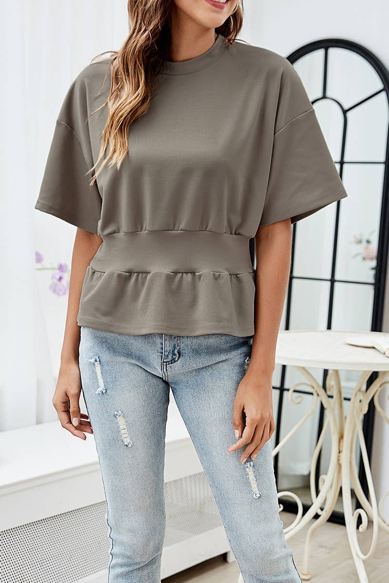CWTTS1427_SUMMER TEMPERAMENT ROUND NECK WAIST T-SHIRT