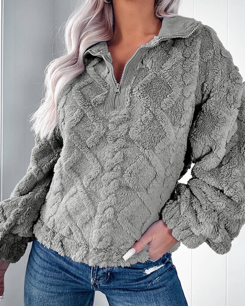 CASUAL LOOSE SOLID COLOR LAPEL FLEECE SWEATER