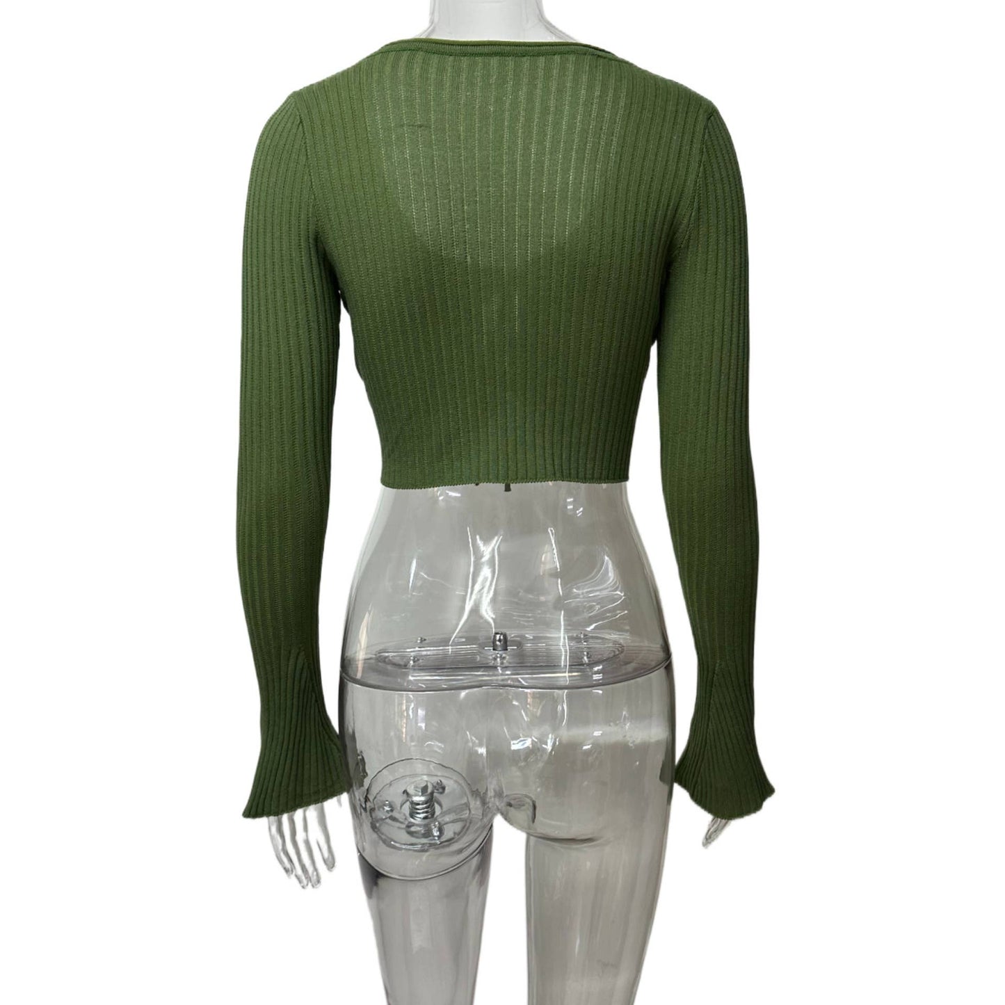 Crop top flared sleeve knitted lace-up cardigan