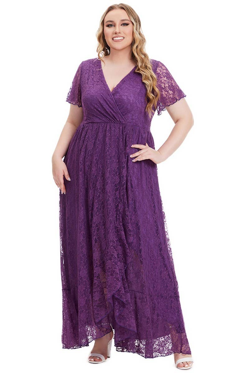 CWDMD3206_PLUS SIZE V-NECK LACE LONG EVENING DRESS