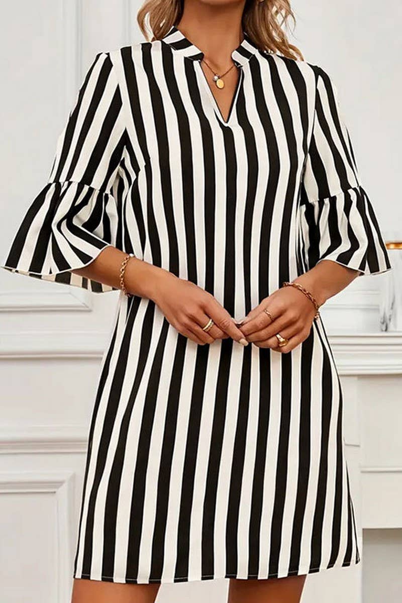 CWDSD7718_SUMMER STRIPED TRUMPET SLEEVE LOOSE A-LINE SKIRT