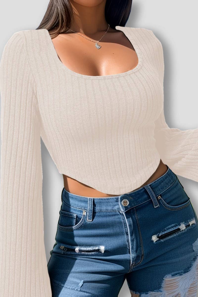 CWTBLL3791_SEXY SLIM SQUARE NECK TRUMPET SLEEVE TOP