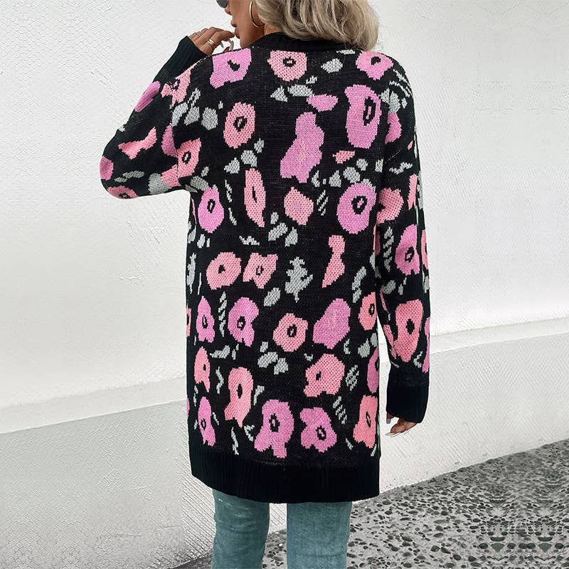 Contrast color flower jacquard long cardigan