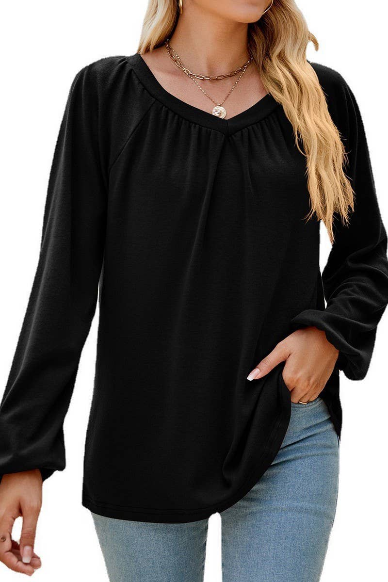 CWTBLL2413_SOLID COLOR LONGSLEEVE V-NECK PLEATED T-SHIRT TOP