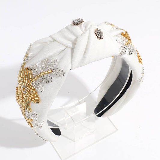 RHINESTONE RICE BEADS KNOTTED WIDE BRIM HEADBAND