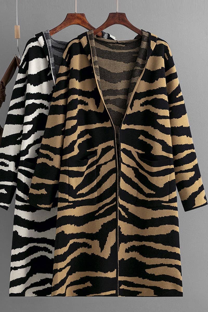 CWOCAL00679_V NECK HOODED ZEBRA PRINT LONG CARDIGAN