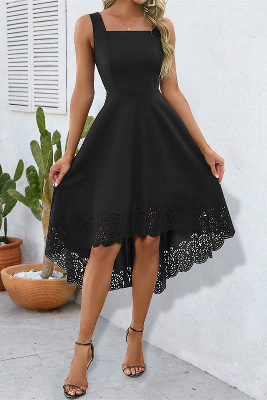 CWDHL0779_ELEGANT IRREGULAR HEM HOLLOW VEST DRESS