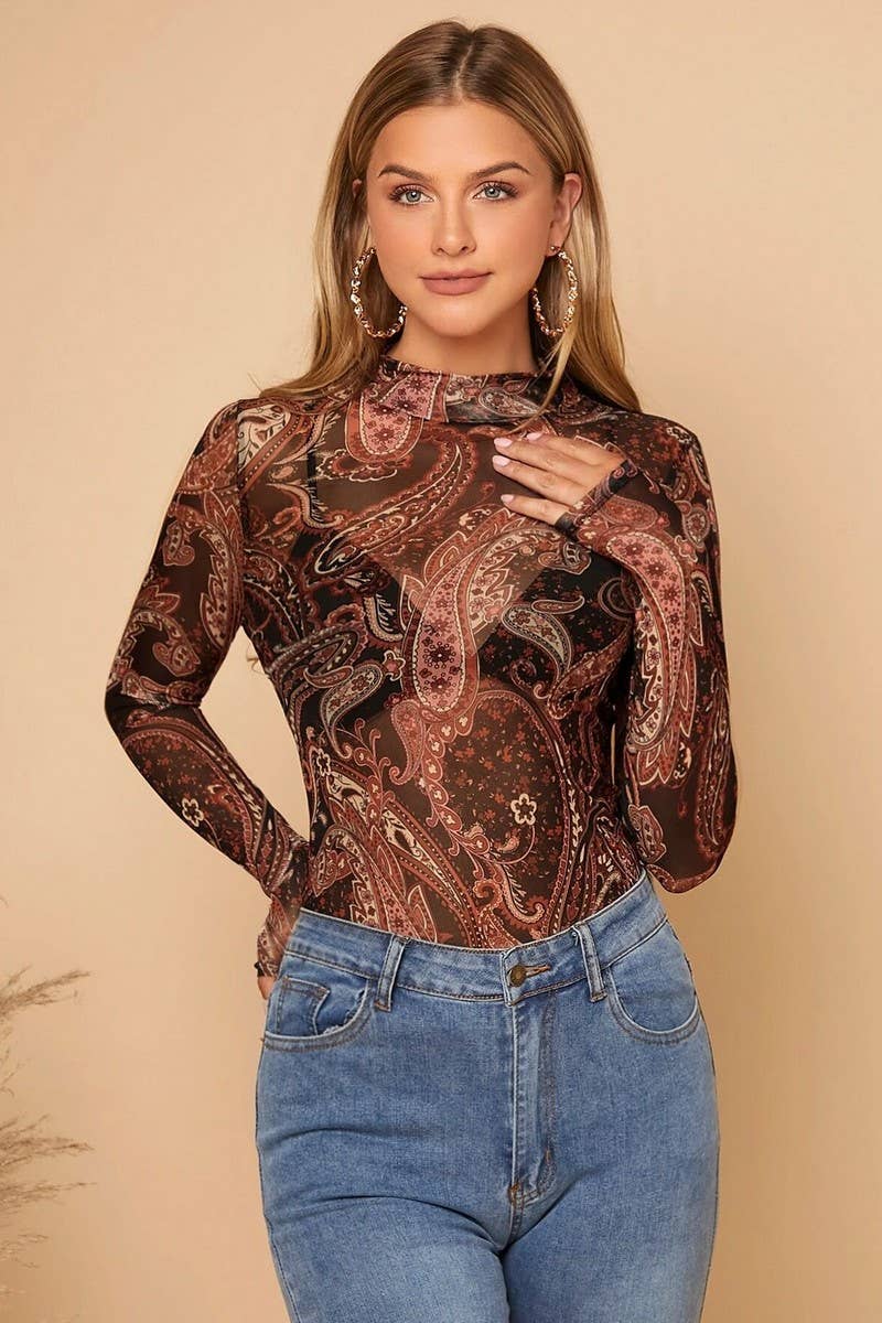 CWTBLL3917_PRINTED STAND COLLAR MESH LONG SLEEVE TEE