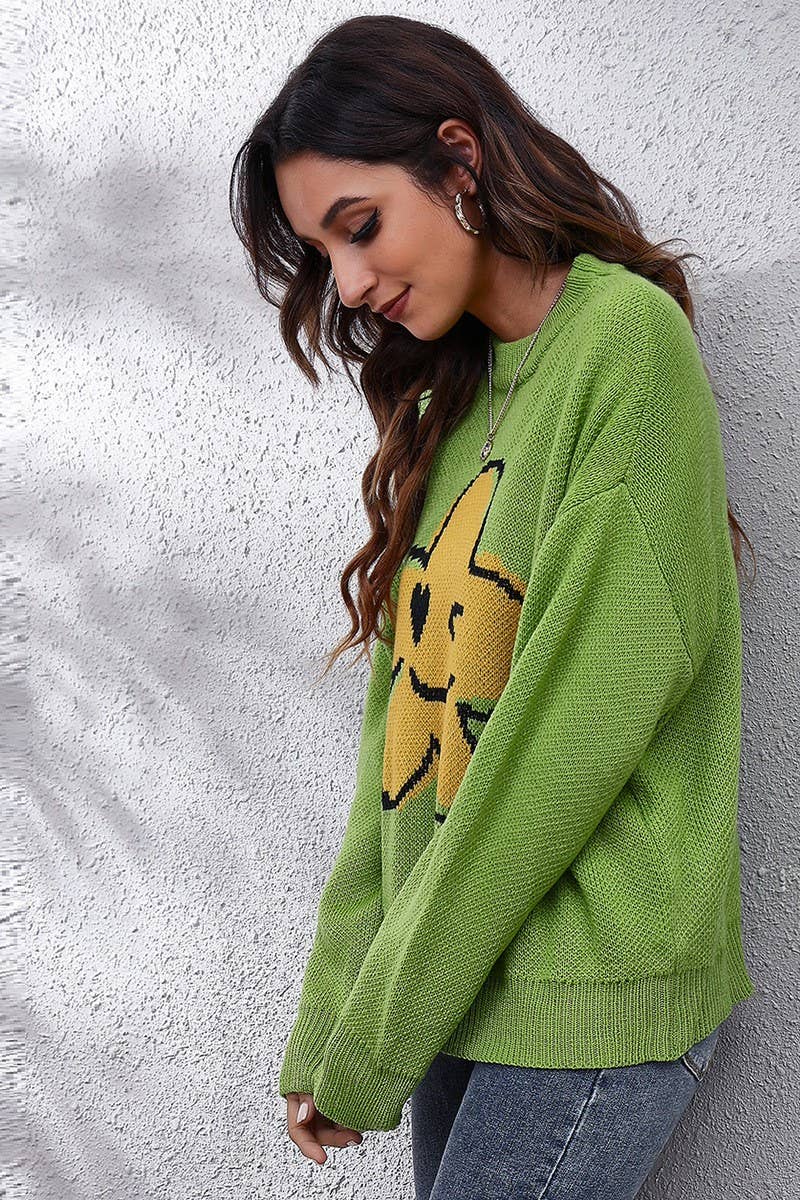 CWOSWL4070_FLOWER SMILEY FACE JACQUARD KNIT SWEATER