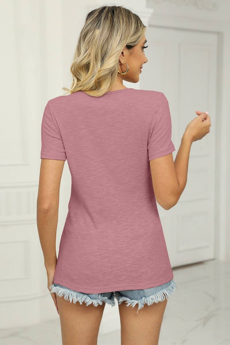 CWTBLS2190_SOLID KNIT HOLLOW OUT CASUAL SHORT SLEEVE TEE