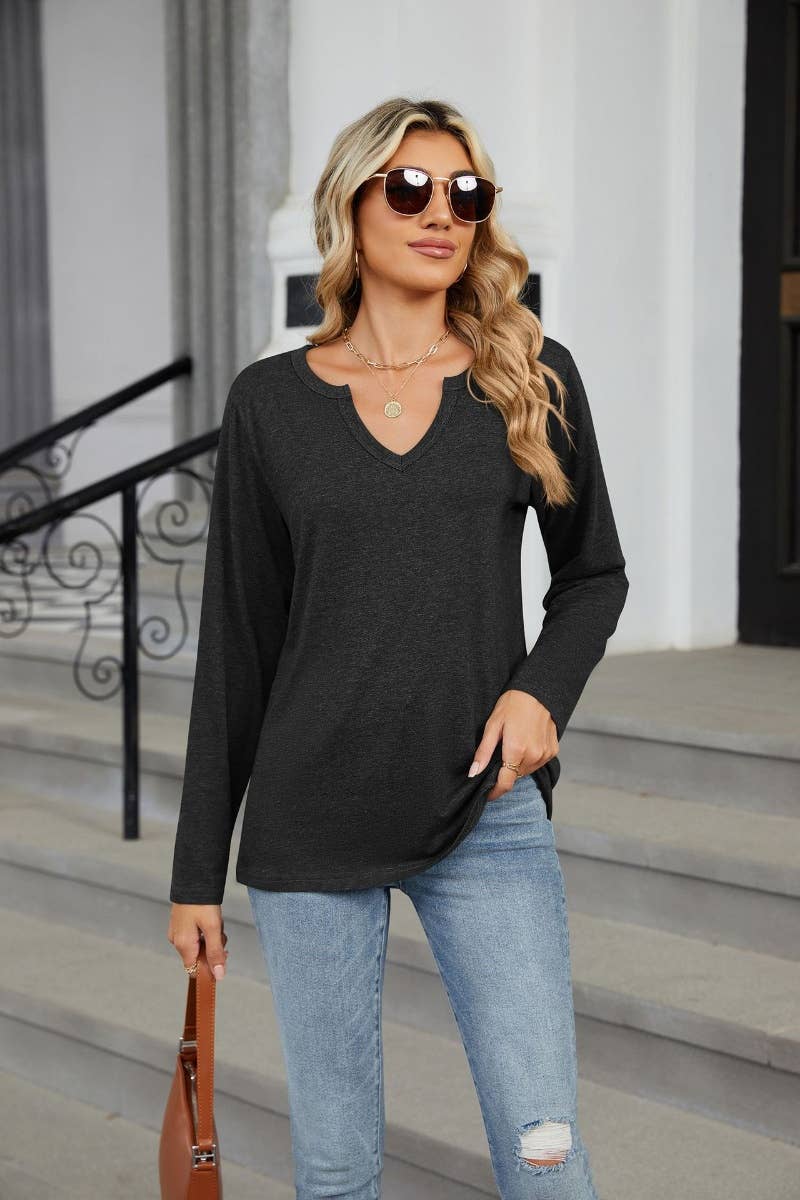 CWTBLL2861_FALL SOLID COLOR V-NECK LONG SLEEVE LOOSE TOP