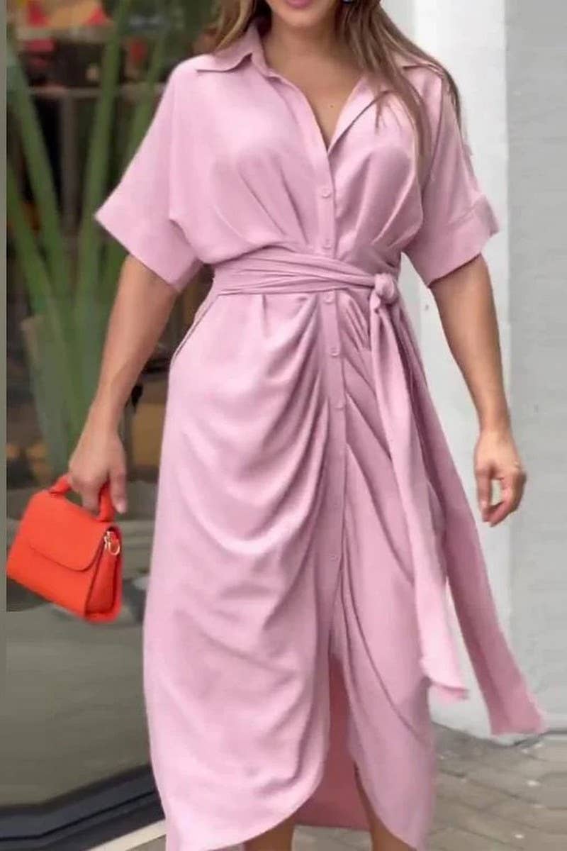 CWDMD4063_SHORT SLEEVE SINGLE BREASTED TIE SHIRT DRESS