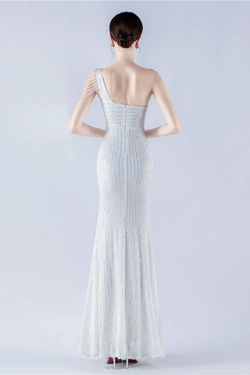 CWDMD4826_ONE-SHOULDER OFF-SHOULDER HIGH-SLIT SEQUINED DRESS