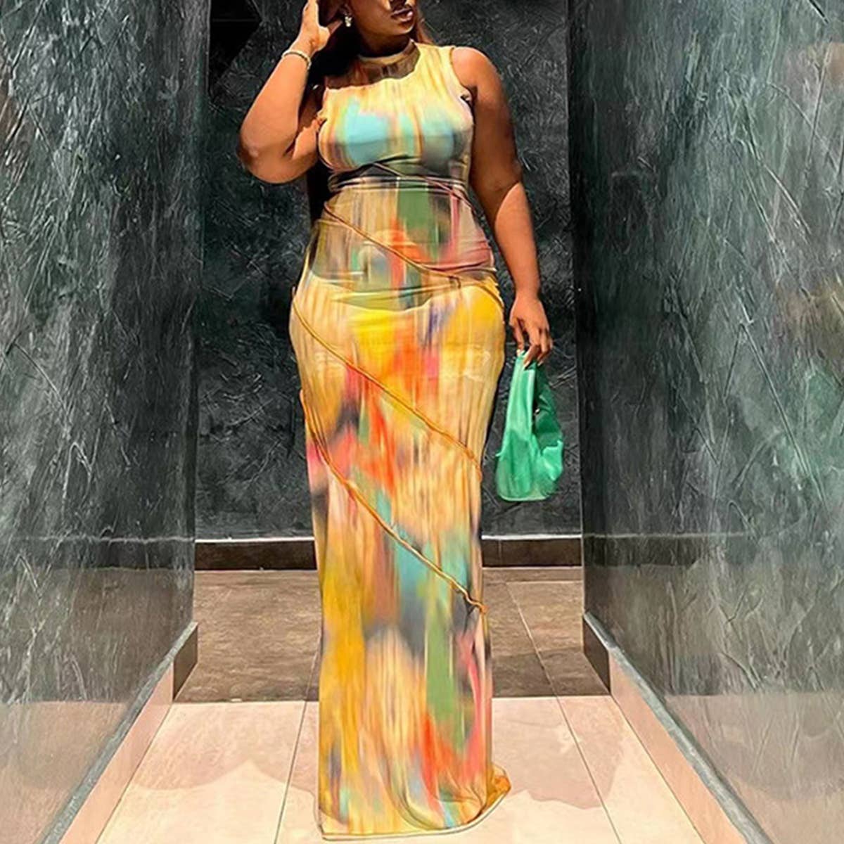 Crew neck sleeveless print slim-fit dress