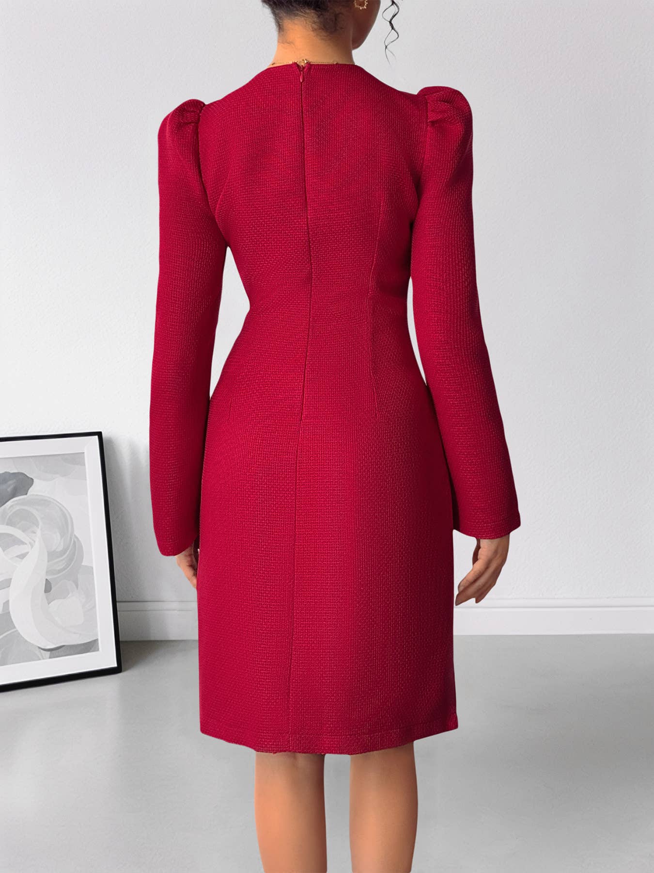 Bow pearl deep V-neck long-sleeved dress