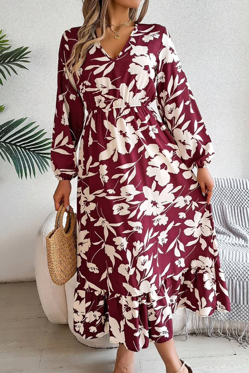 CWDMD2681_AUTUMN CASUAL FLOWER WAIST LONG SLEEVE DRESS