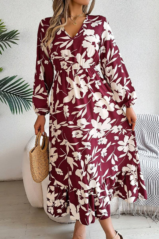 CWDMD2681_AUTUMN CASUAL FLOWER WAIST LONG SLEEVE DRESS