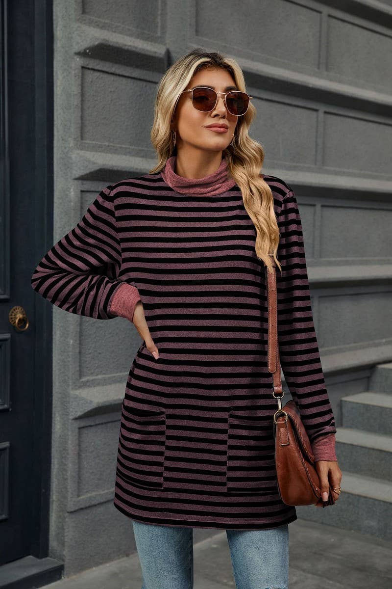 CWTBLL2357_HALF TURTLENECK STRIPED KNITTED LONG SLEEVE TOP
