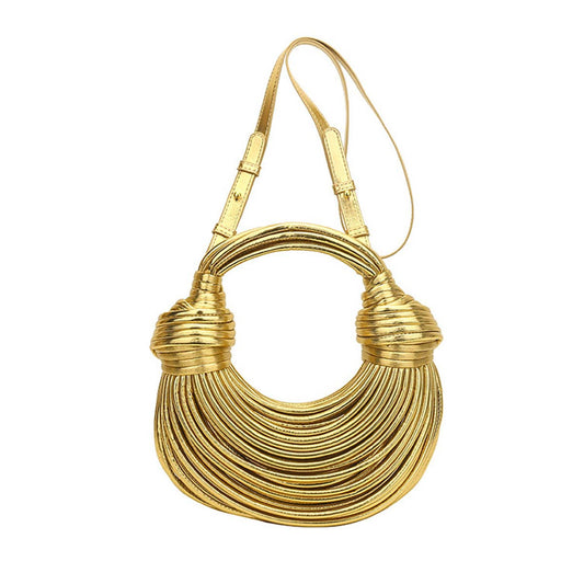 Metallic color striped appearance glossy handbag