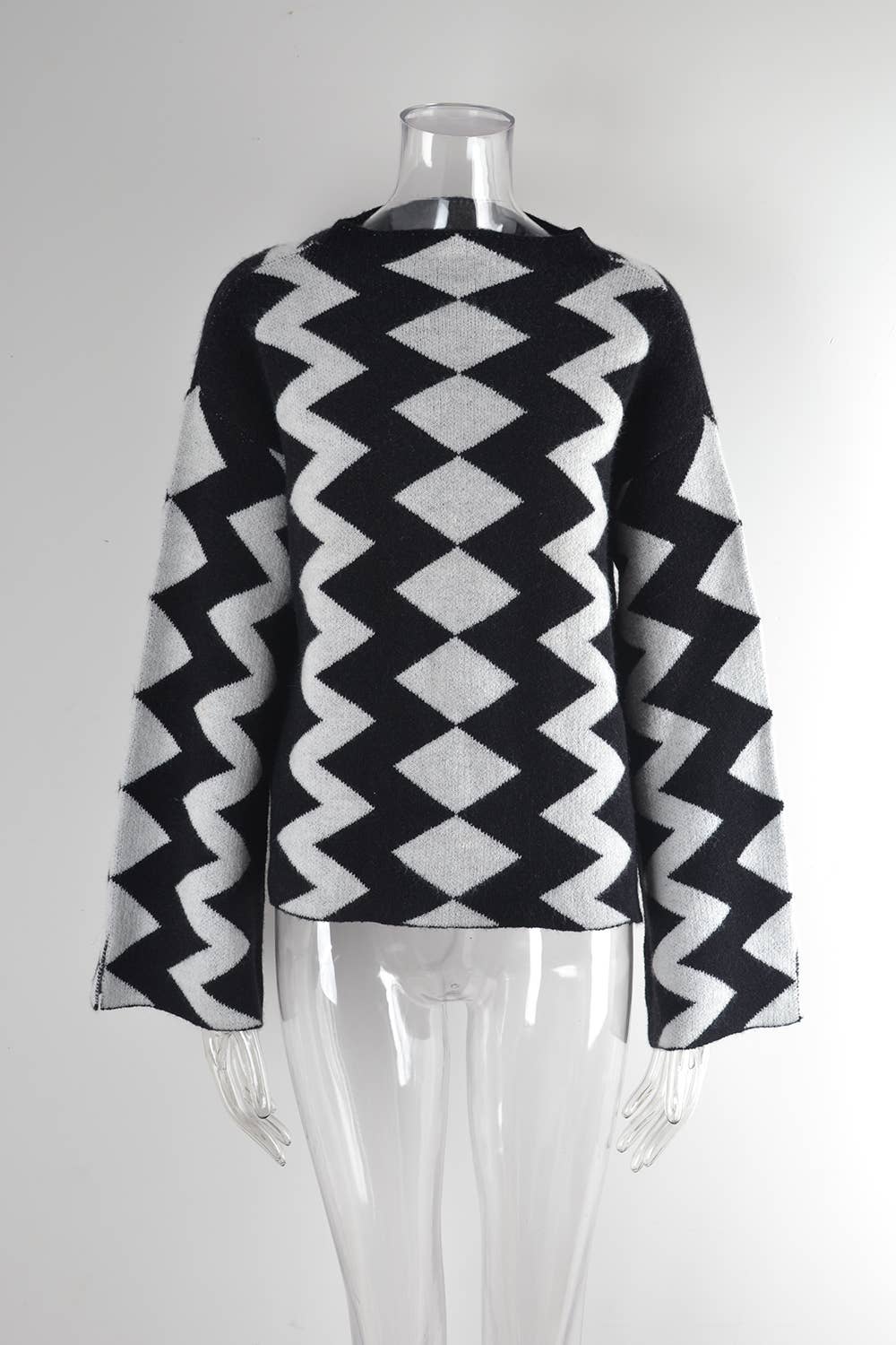 DIAMOND CHECK PATCHWORK KNIT SWEATER