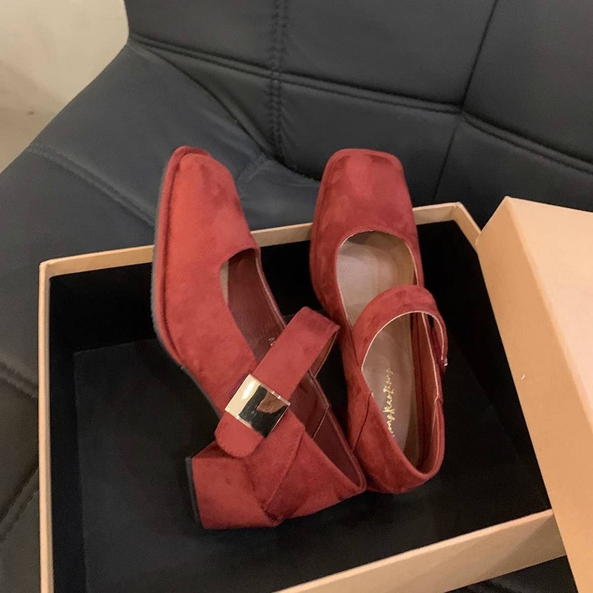 Red Block Heel Square Toe Mary Jane Shoes_CWSHF0110