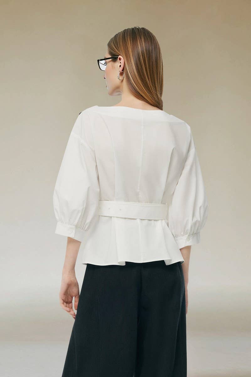CWTBLS2335_BELTED IRREGULAR HEM 3/4 SLEEVE SHIRT
