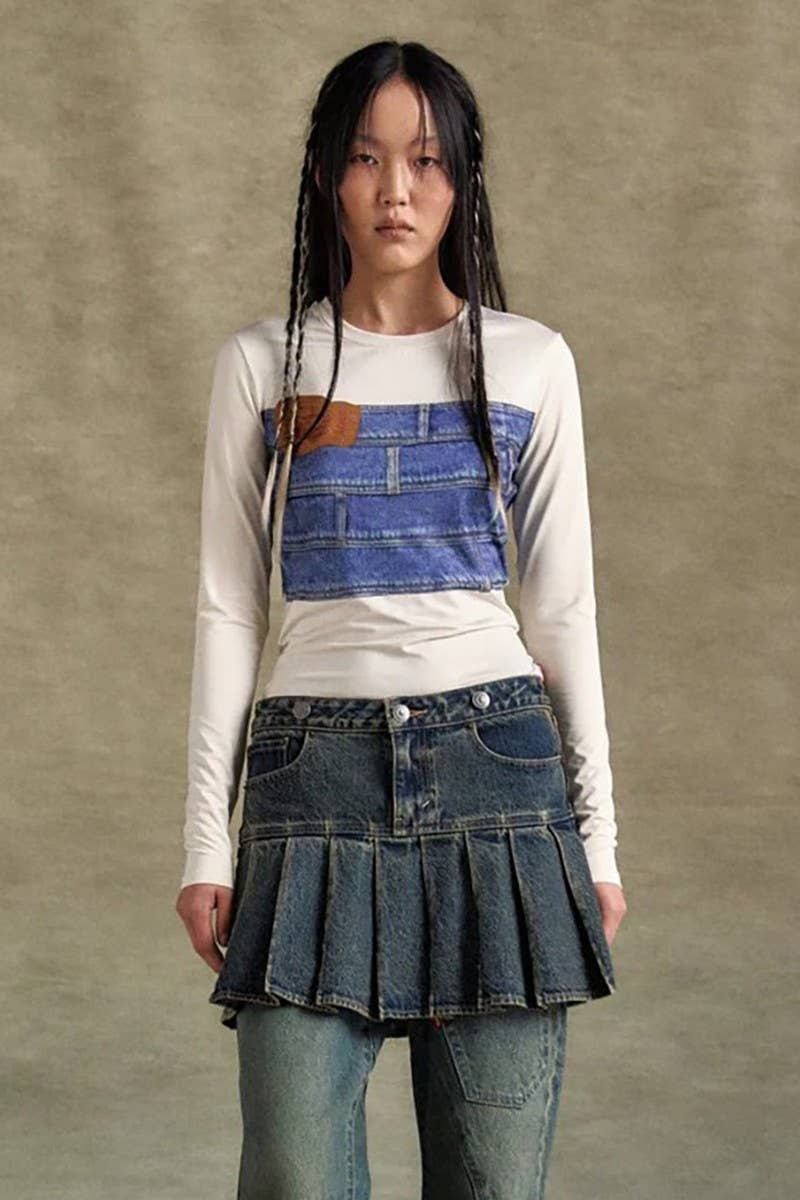 CWTBLL3452_DENIM PRINT LONG SLEEVE CREWNECK T-SHIRT