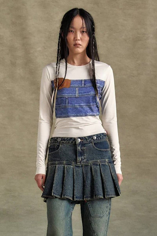 CWTBLL3452_DENIM PRINT LONG SLEEVE CREWNECK T-SHIRT