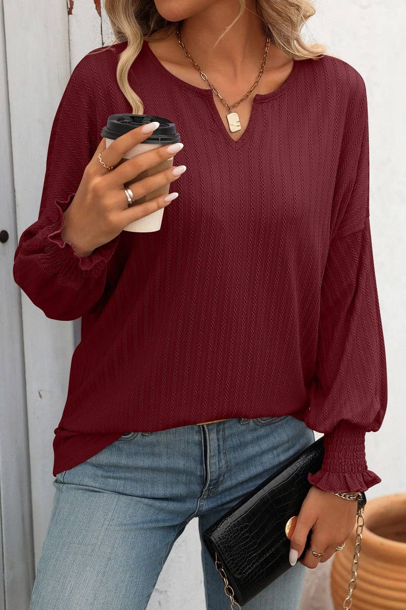 CWTBLL1814_LOOSE FIT V-NECK BATWING SLEEVE LONG SLEEVE TOP