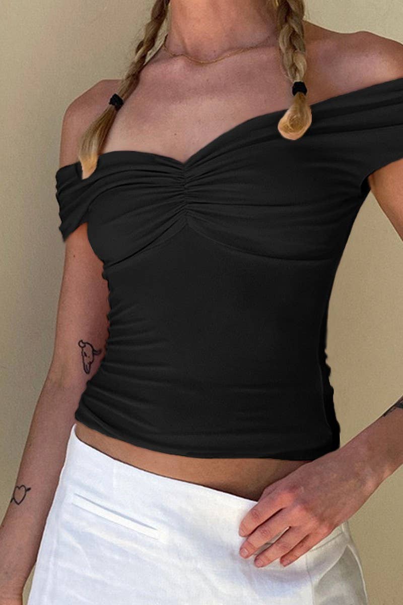 CWTBLSL0741_OFF SHOULDER RUCHED FRONT SEXY CROP TOP