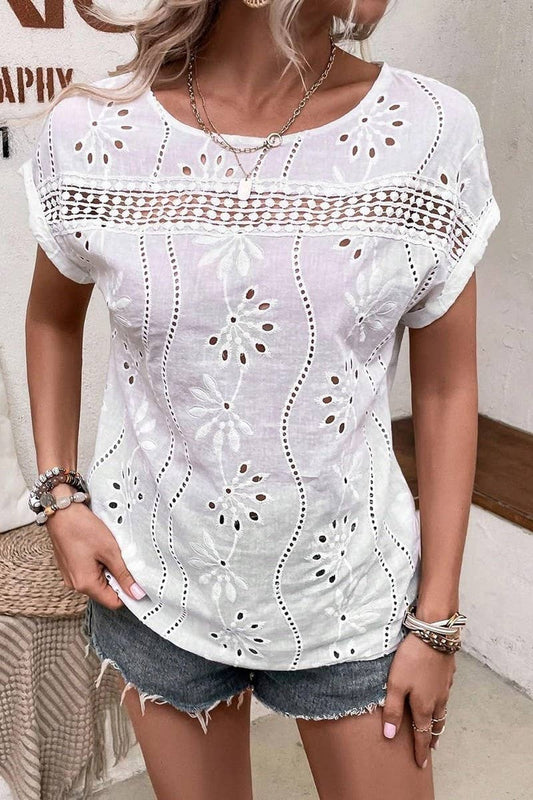 CWTBLS2273_LACE EMBROIDERED EYELET SHORT SLEEVE BLOUSE