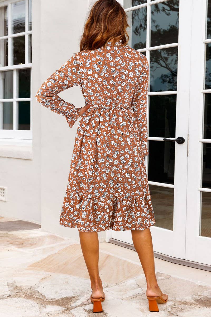 CWDMD6204_FLORAL RUFFLE TRIM FLARE SLEEVE WAIST DRESS