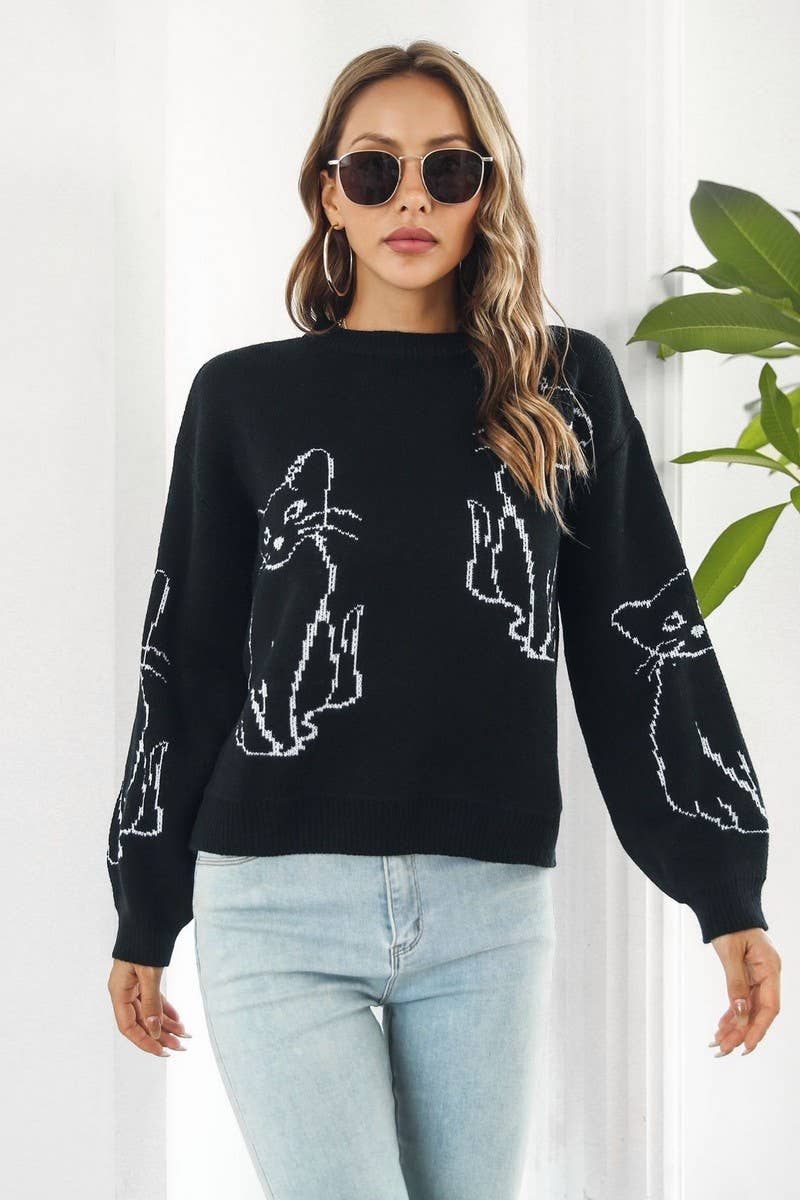 CWOSWL3840_CAT JACQUARD LONG-SLEEVED PULLOVER SWEATER