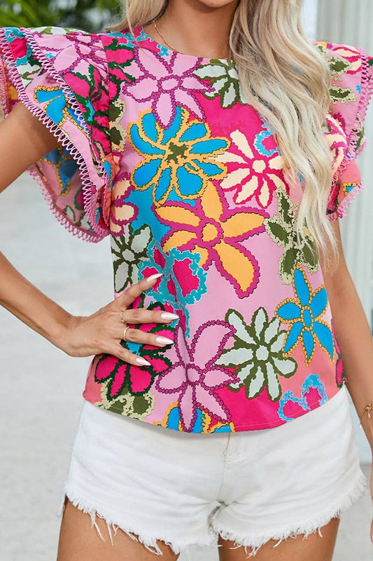 CWTBLS1311_SUMMER FLOWER RUFFLED SHORT SLEEVE TOP