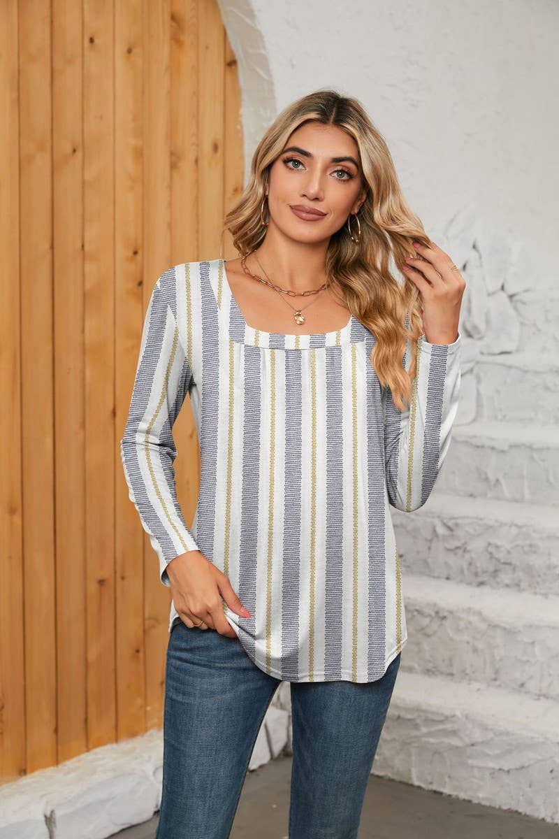 CWTBLL1043_SQUARE NECK PRINTED LONG SLEEVE CASUAL TOP