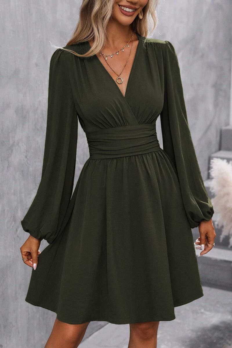 CWDSD8399_V NECK LANTERN SLEEVE RUCHED WAIST DRESS