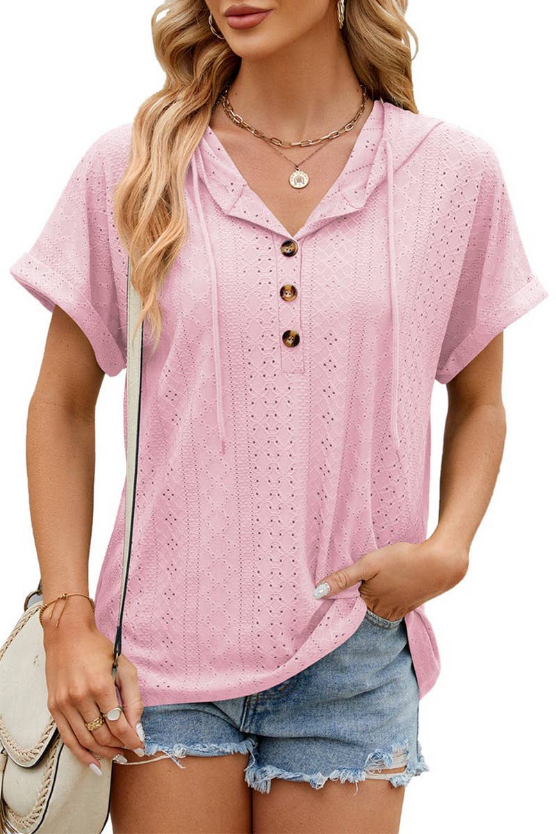 CWTTS1351_SUMMER BUTTON HOODED SHORT-SLEEVED T-SHIRT