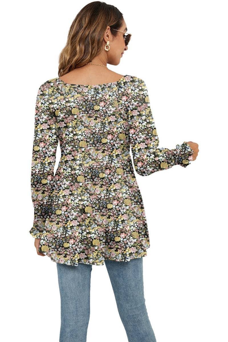 CWTBLL2935_FALL FLOWER BOUQUET WAIST PUFFY SLEEVE TOP