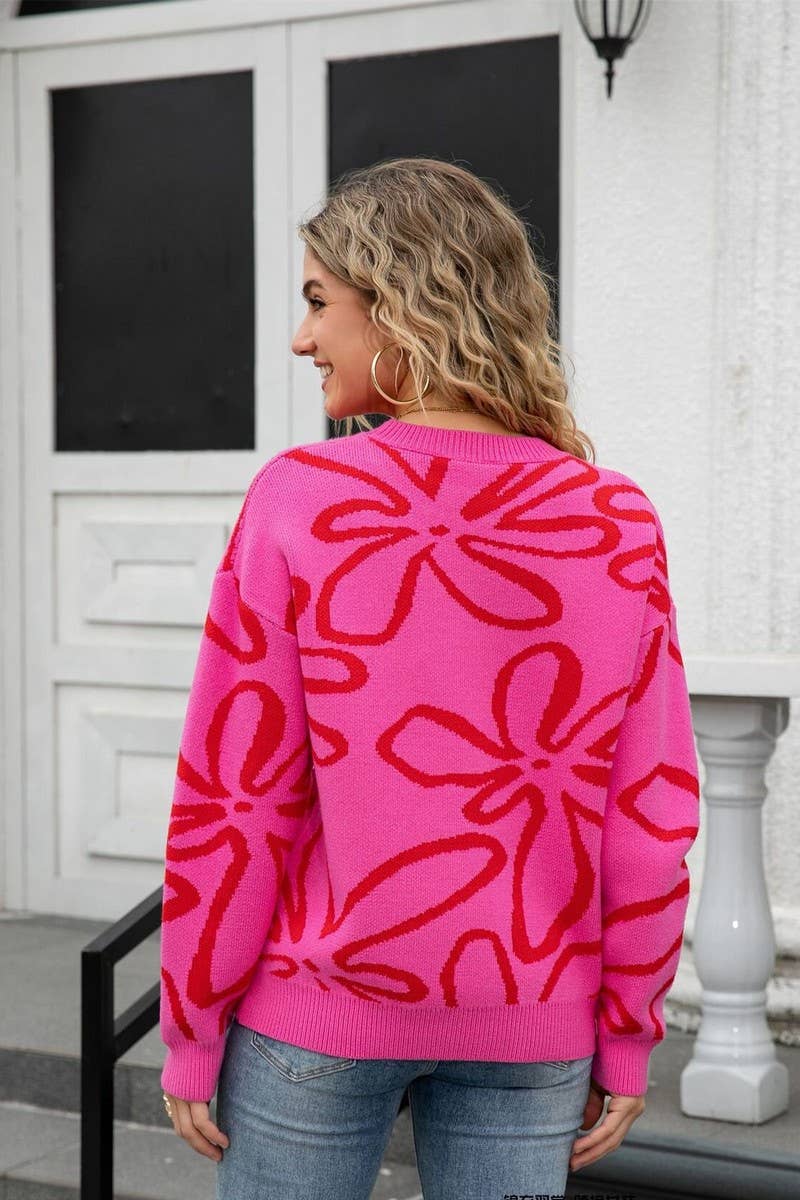 CWOSWL07602_FLORAL COLORBLOCK CREWNECK LOOSE KNIT SWEATER