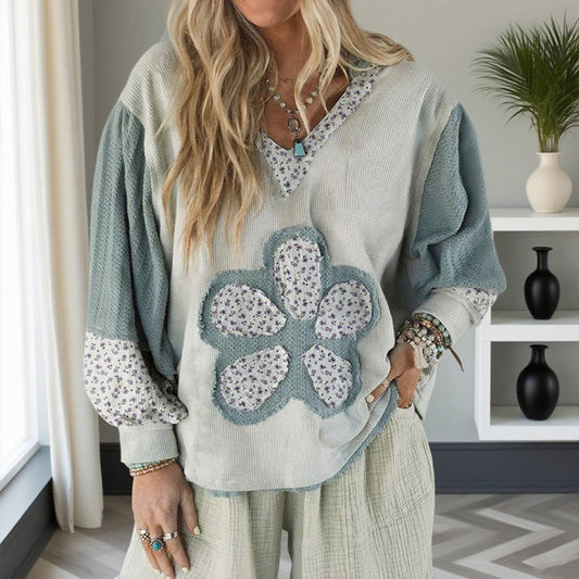 Fashionable floral patchwork pullover top
