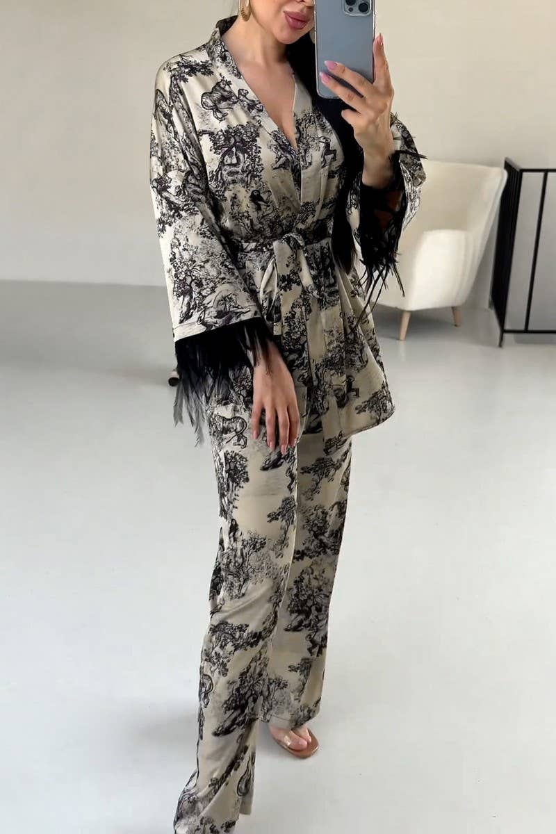 CWSPJ0265_PRINTED FEATHER TWO-PIECE KNITTED HOMEWEAR