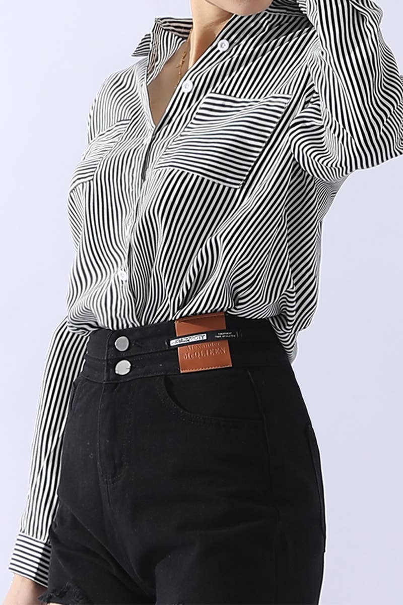 CWTSTL451_VERTICAL STRIPE BUTTON DOWN TWO POCKETS SHIRTS
