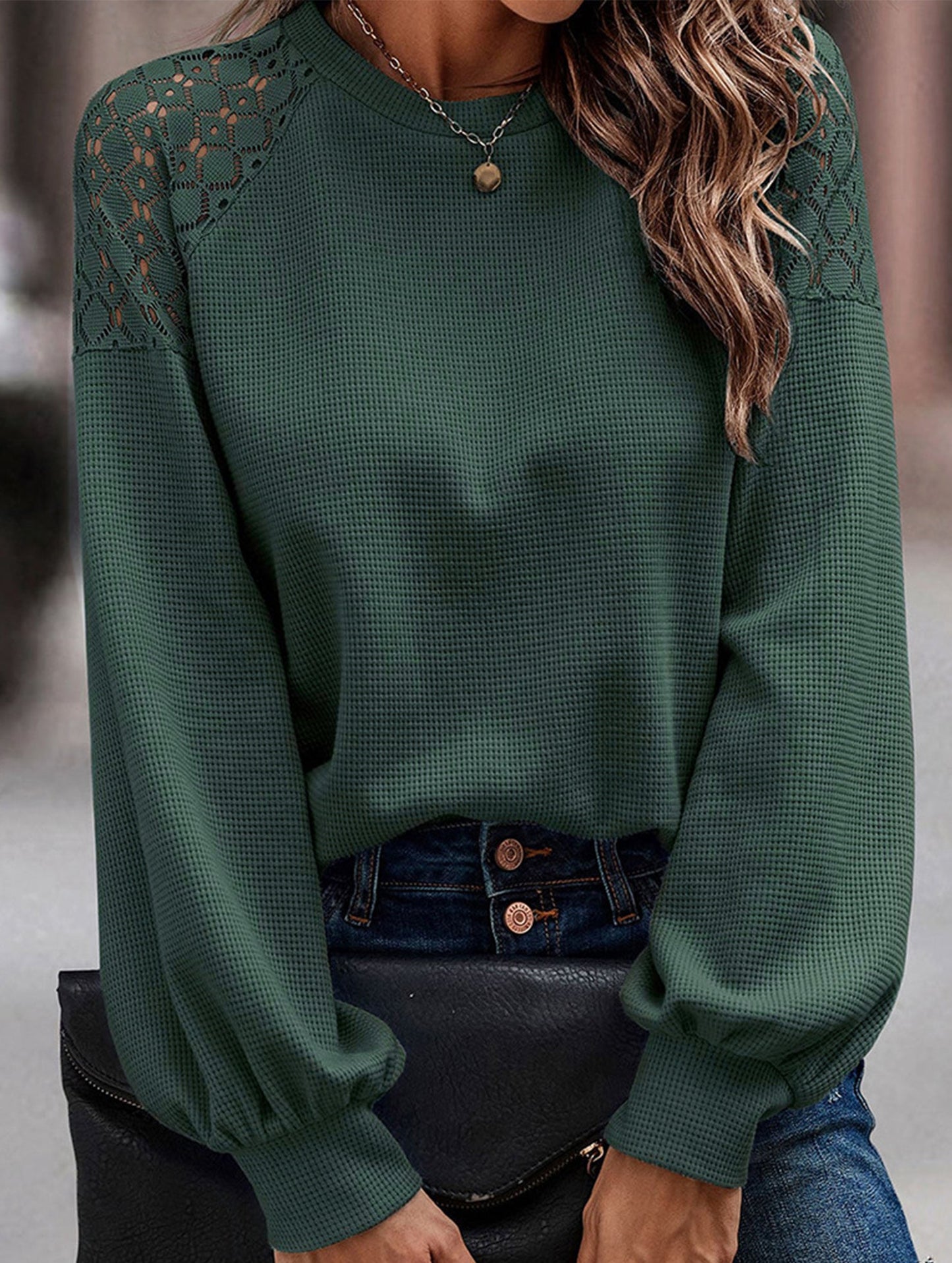 Solid color lace splice pullover long sleeve top