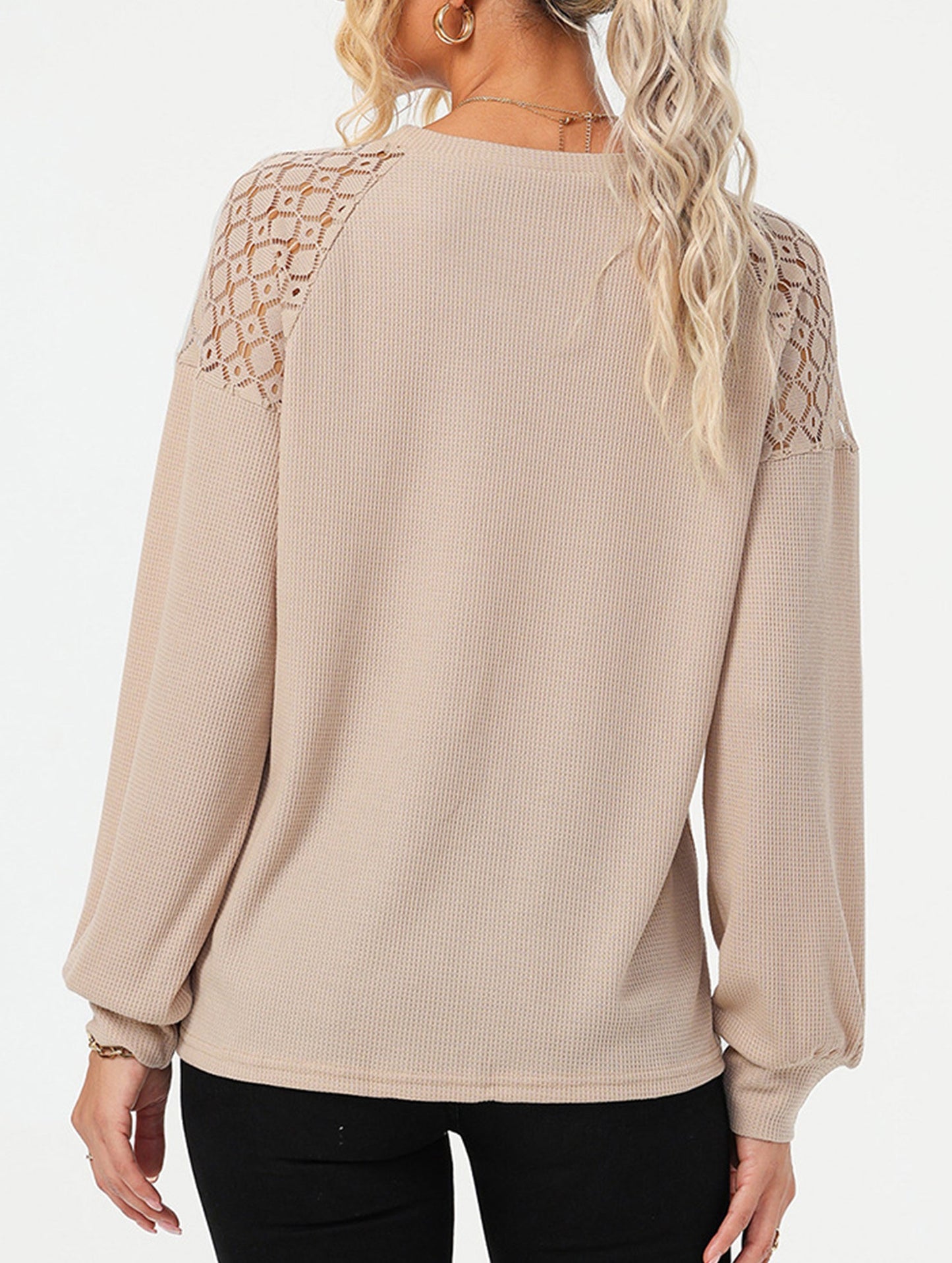 Solid color lace splice pullover long sleeve top